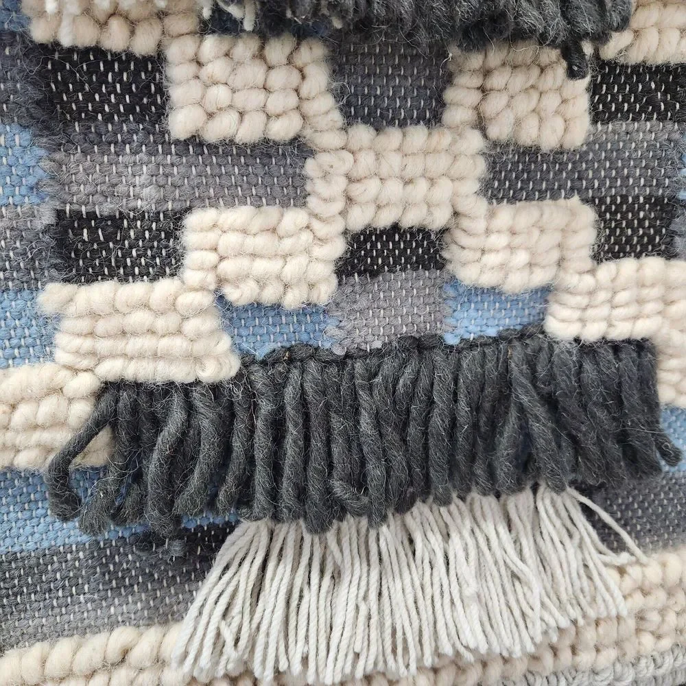 Macrame Woven Blue Cream Wall Hanging 15x24 Wool Tapestry Boho Made in India